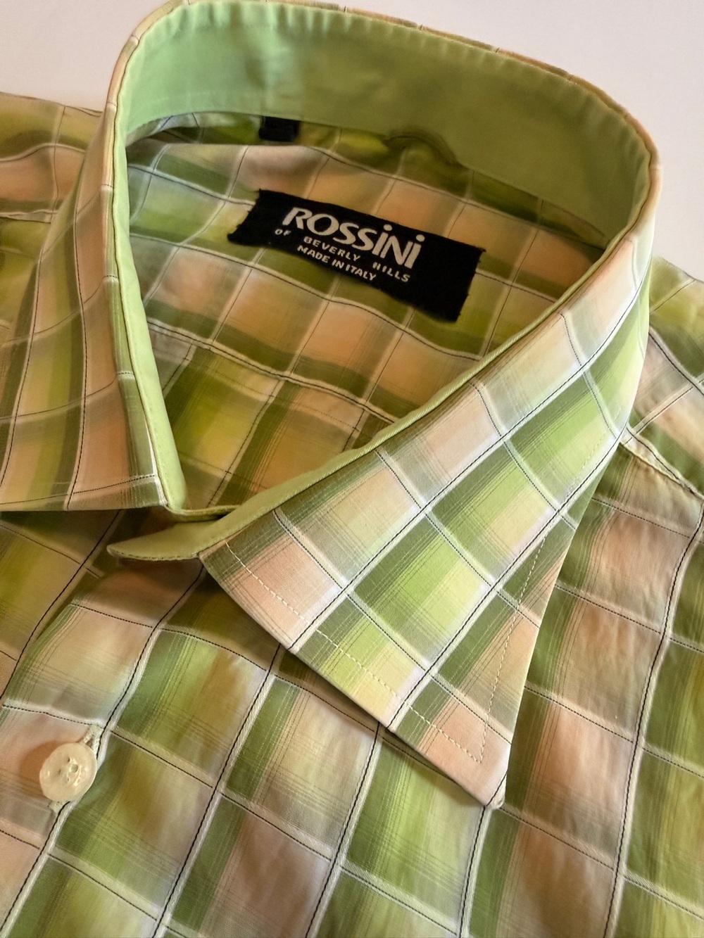Rossini of Beverly Hills Men’s XL Plaid Shirt – Made in Italy – Green / Peach